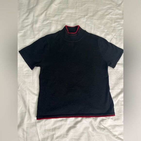 Tahari Black Knit Short Sleeve Mock Turtleneck Sweater with Red Trim - Size 6 - Picture 9 of 13